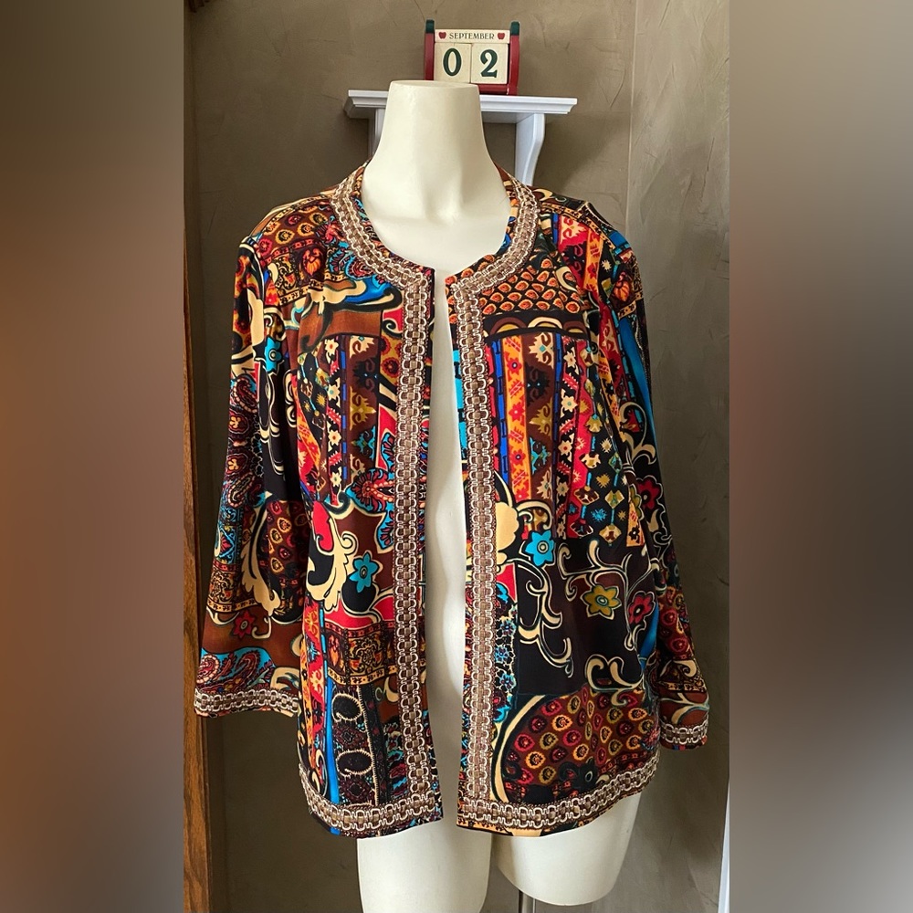 Joan Rivers Patchwork Print Open Cropped Women’s Jacket Size XL Boho